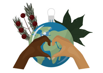 Hands forming heart shape around Earth Christmas ornament symbolizing environmental care during holidays. Ideal for eco-conscious seasonal campaigns. Isolated. Eco christmas. Vector illustration