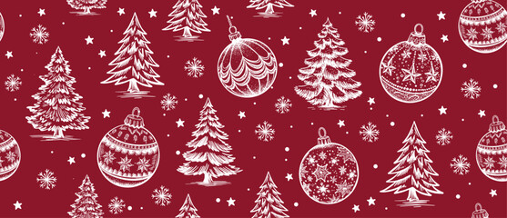 Christmas pattern with tree and toy on red, hand-drawn illustrations	
