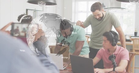 Man raising phone and recording team initiating globe overlay sweeping for finalizing tech project - Powered by Adobe