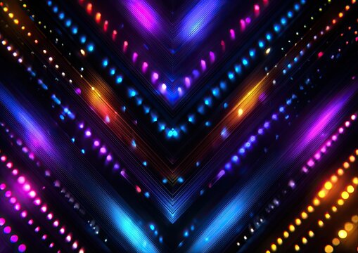 Vibrant, abstract background with glowing neon lights in symmetrical chevron patterns