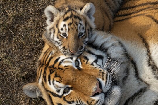Close-up of a tender tiger cub resting its head on its mother's back