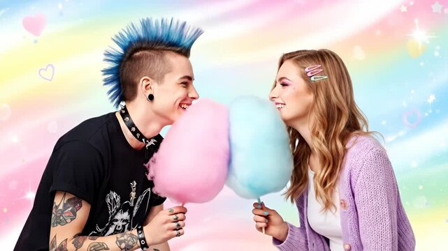 Young man with blue mohawk and woman sharing cotton candy on rainbow background for sweet snack advertisement footage