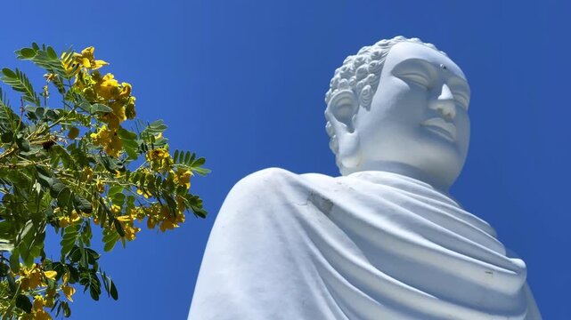 Nha Trang, Vietnam - September 18, 2025. Chua Long Son Pagoda with a large white Buddha statue in the vast, clear blue sky. The main Buddhist temple of Kien Giang Province. 4К