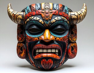 Ornate, colorful, wooden mask with horns and an aggressive expression
