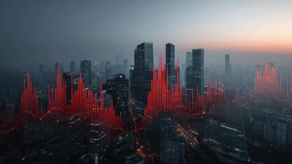 Dynamic city skyline with financial data visualization at dusk - Powered by Adobe