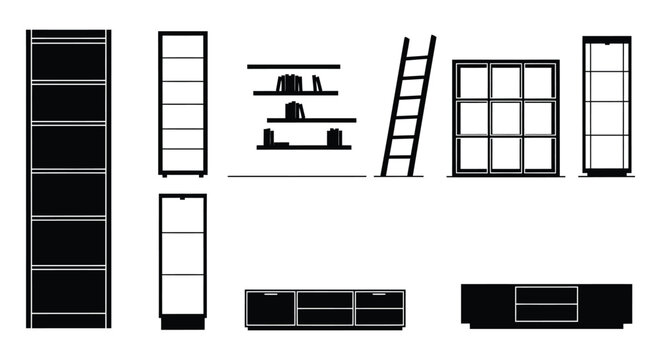 Set of shelving unit silhouette vector illustrations furniture for storage and display