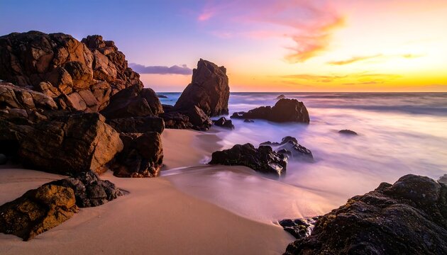 A serene coastal vista showcasing a sandy beach with rocky formations, kissed by a vibrant sunset painting the sky with warm hues