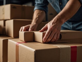 man hands taping a cardboard box, preparing it for shipment in an ecommerce warehouse
