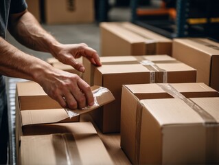 man hands taping a cardboard box, preparing it for shipment in an ecommerce warehouse