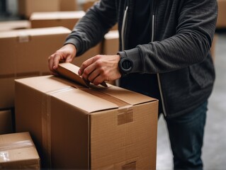 man hands taping a cardboard box, preparing it for shipment in an ecommerce warehouse