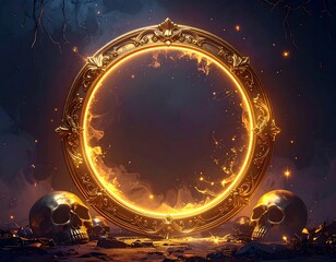 Ornate gold framed portal with luminous glow, skulls, and dark background