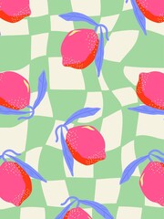 Cute Pink Lemon Fruit Pattern Retro Groovy Cover Design, A4 Pastel Background, Colorful Summer Pattern for Notebook, Journal or Stationery