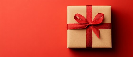 Elegant gold-wrapped gift box tied with a vibrant red ribbon bow, centered on a bright red background with ample copy space