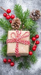 A wrapped Christmas gift with candy cane string, surrounded by pine branches, pinecones, and red berries on a snowy background