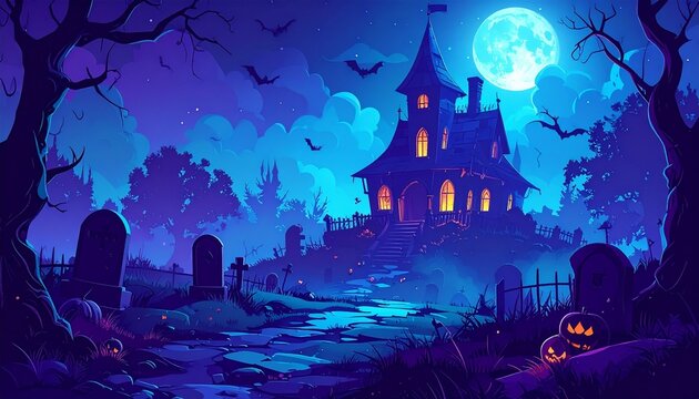 Haunted house on spooky graveyard. Halloween scary party design with tombstones and 