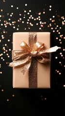 Luxurious beige gift box adorned with a glittering golden ribbon bow, surrounded by festive confetti on a black background, perfect for celebrations