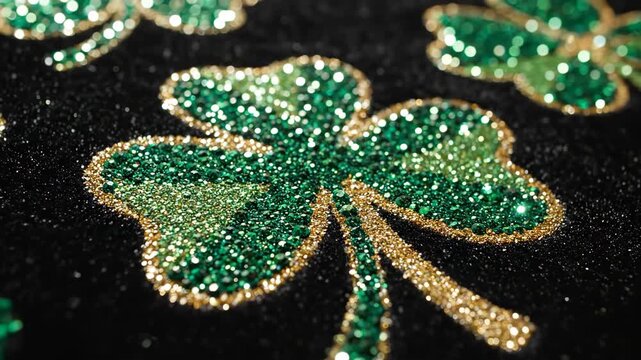 Close up of sparkling green shamrock designs on dark background