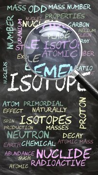 Isotope being studied, examined - under close inspection. Most important subjects and ideas closely related to isotope written on a blackboard inspected by a magnifying glass. Can be looped