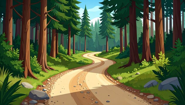 A vector illustration depicting a winding dirt road cutting through a dense, ancient 