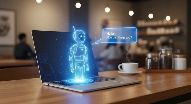 Artificial intelligence chatbot hologram on laptop computer technology concept - Powered by Adobe