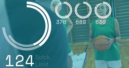 Basketball coach pointing at clipboard and overlays fluctuating beating shot clock guiding team - Powered by Adobe