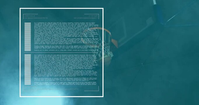 Male athlete leaping toward rim causing UI HUD scanning dunk for sports analytics