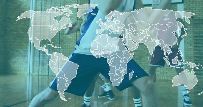 Dribbling low, male athlete executing crossover drive, map overlay showing basketball training - Powered by Adobe