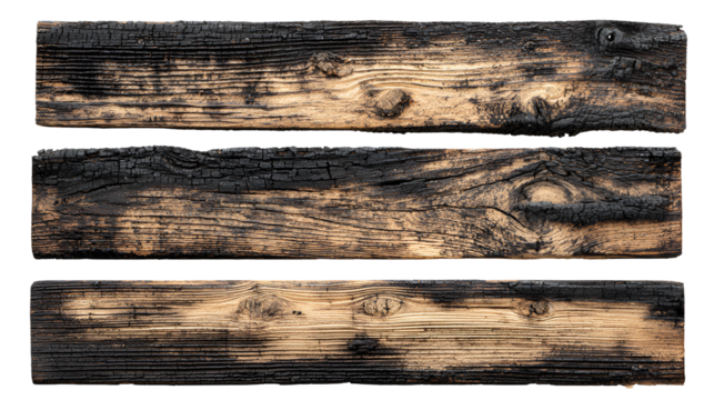 Three weathered and charred wooden planks with rough texture isolated on transparent background