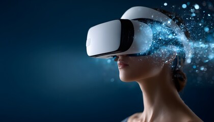 Person wearing virtual reality headset interacting with digital particles in a futuristic blue environment. Concept of immersive technology