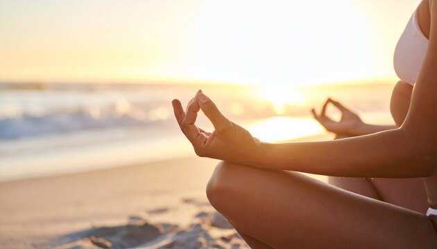 A flat vector illustration depicting a woman in a seated lotus yoga position, eyes 