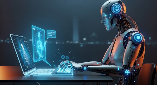 Artificial intelligence robot interacting with laptop screen interface modern technology concept