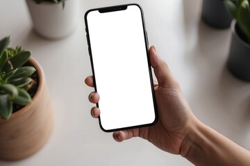 mock up phone in woman hand showing white screen