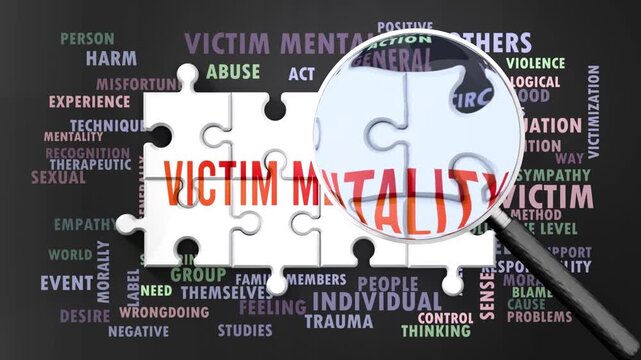 Victim Mentality under magnifying glass, being researched, studied and examined. Most important subjects and ideas closely related to victim mentality written around a puzzle.Can be looped.