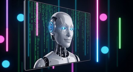 Artificial intelligence robot portrait futuristic technology concept display screen