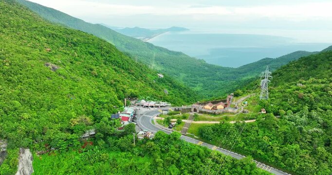Aerial view of Hai Van Quan on the Hai Van Pass, where abandoned US military outposts were restored for tourism in Hue, Vietnam