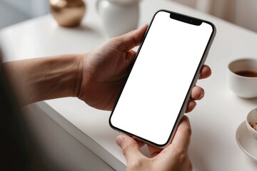 mock up phone in woman hand showing white screen
