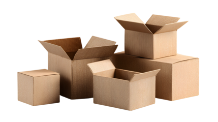 Group of open and closed cardboard boxes for shipping and storage isolated on transparent background