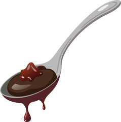 A silver spoon holding a dark dripping chocolate or jam substance