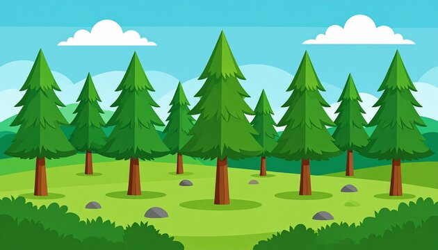 Spring landscape with trees, mountains, fields, leaves. Vector illustration in flat
