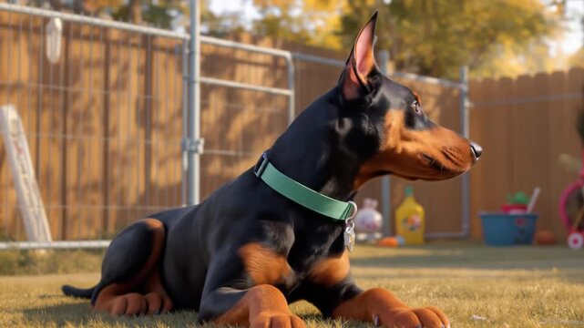 cute doberman cartoon dog lying in grassy backyard