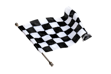 Waving checkered flag with pole and fabric texture isolated on transparent background