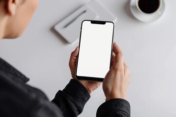 mock up phone in woman hand showing white screen