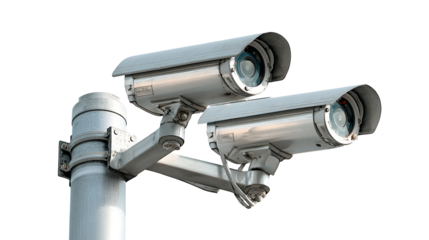 Two modern surveillance security cameras mounted on a pole isolated on transparent background