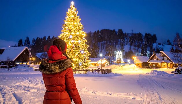 Person admires a decorated Christmas tree in snowy village at dusk