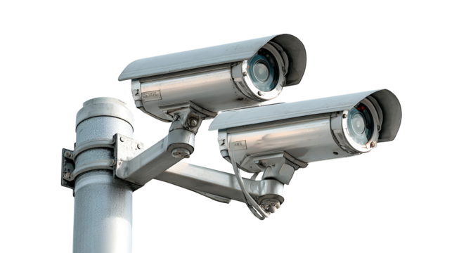 Two modern surveillance security cameras mounted on a pole isolated on transparent background