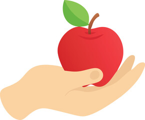 A red apple held in an open hand flat vector illustration