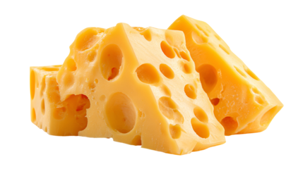 Three wedges of swiss cheese with large holes isolated on transparent background