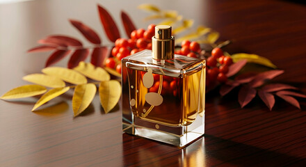 Perfume bottle standing on table against background of autumn leaves and rowan berries. Seasonal still life composition with elegant fragrance packaging and nature elements.