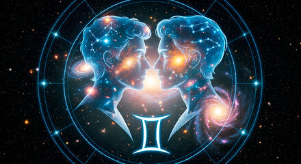 The Gemini zodiac sign against a colorful night sky with stars and nebulae. A majestic symbol of the astrological calendar. Illustration for horoscopes and astrological themes.