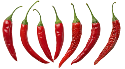 Seven vibrant red chili peppers arranged in a curved line isolated on transparent background